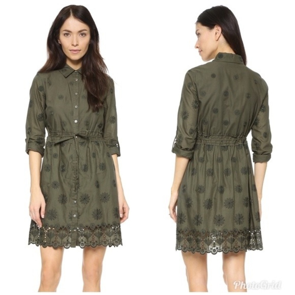 Diane von Furstenberg DVF Ivanka Olive Green Embroidered Poplin Shirt Dress Sz 0